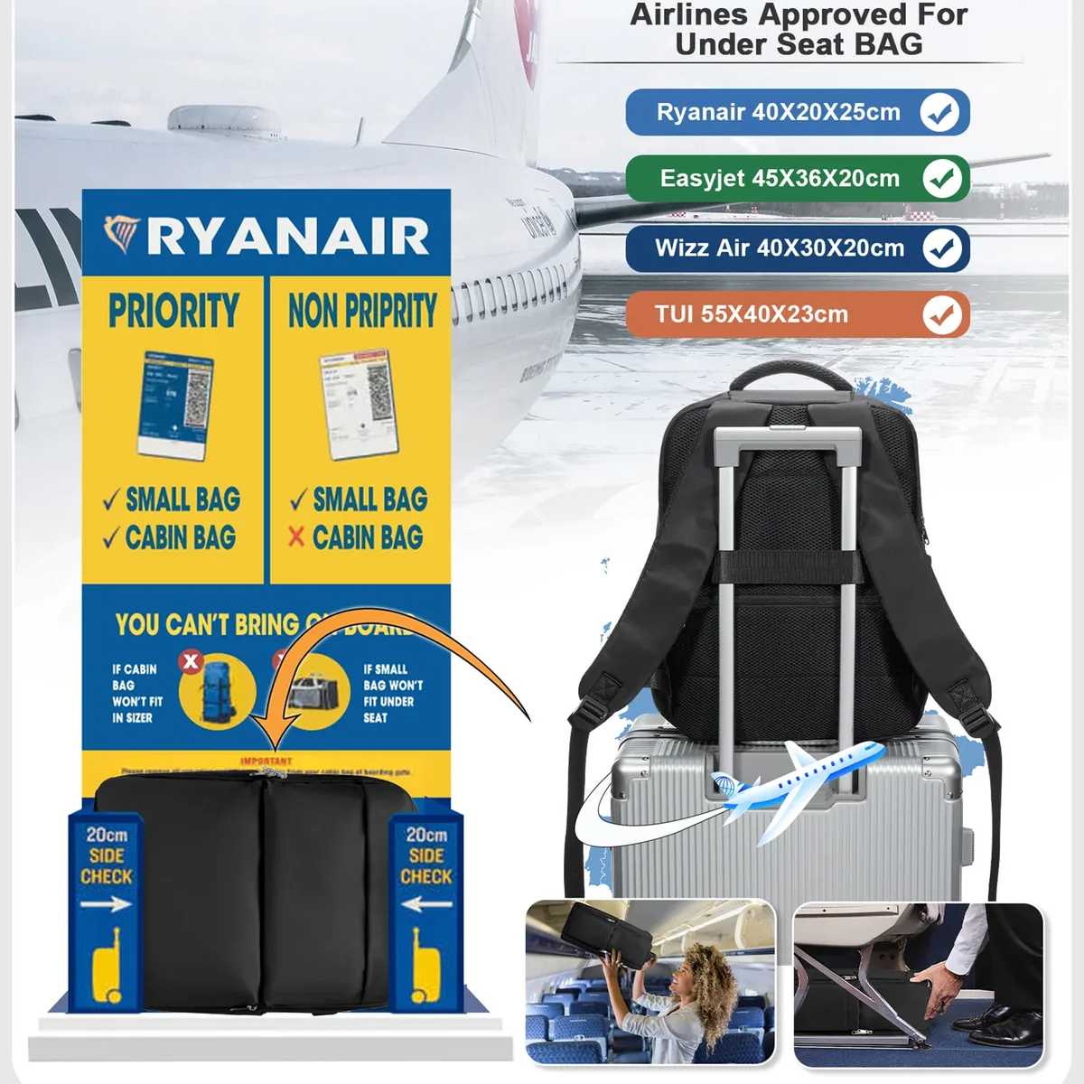 sac à dos de voyage sous vide, sac de cabine ryanair 40x30x20, sac à dos pour ordinateur portable, bagage à main pour hommes et femmes, sacs de voyage sous vide