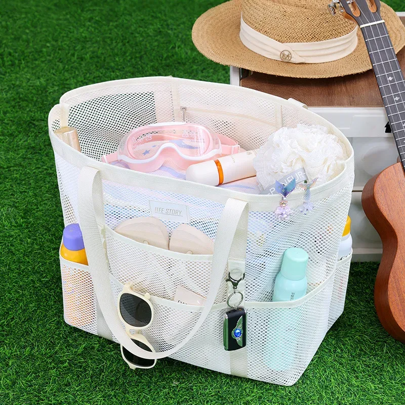 sac de plage en maille respirante avec plusieurs poches de rangement, grand format, séchage rapide, imperméable, sac à bandoulière pour les sports d'été en plein air