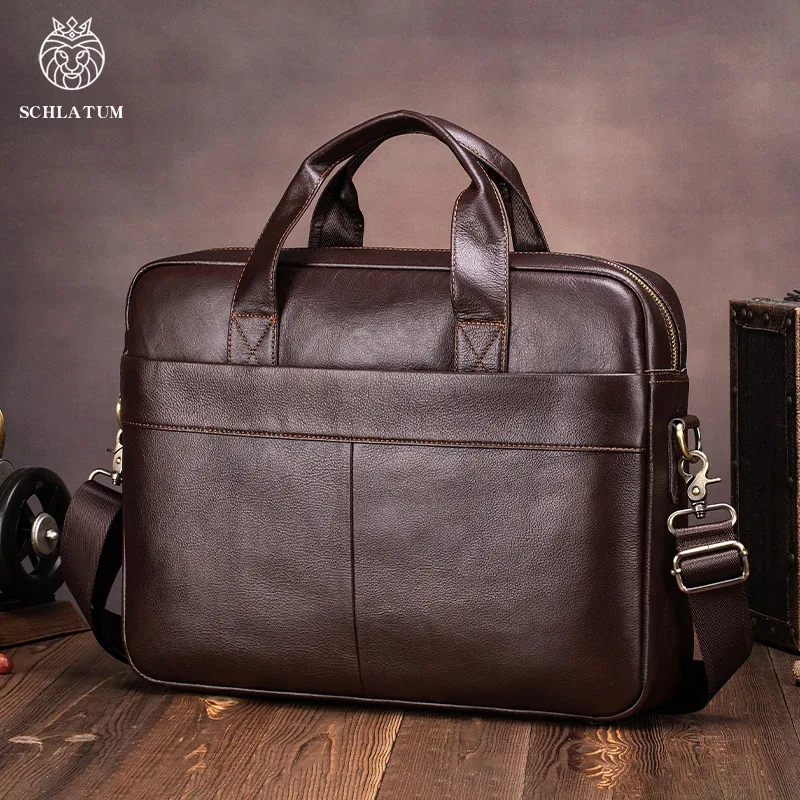 Porte-documents en cuir véritable pour hommes, sac d'affaires de luxe souple, compatible avec ordinateur portable de 15.6 pouces, sac à main léger pour les déplacements au bureau