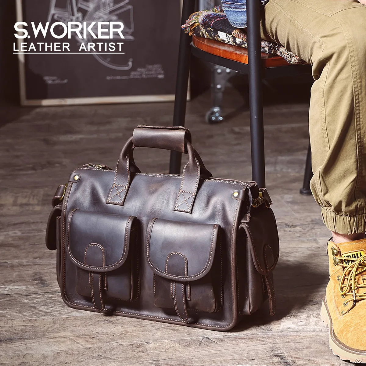 S. Punta KER-Sac à Main Vintage en Cuir group pour Homme, Sacoche pour Ordinateur Portable de 14 Pouces, en Peau de Vache, Cadeau d'Urgence
