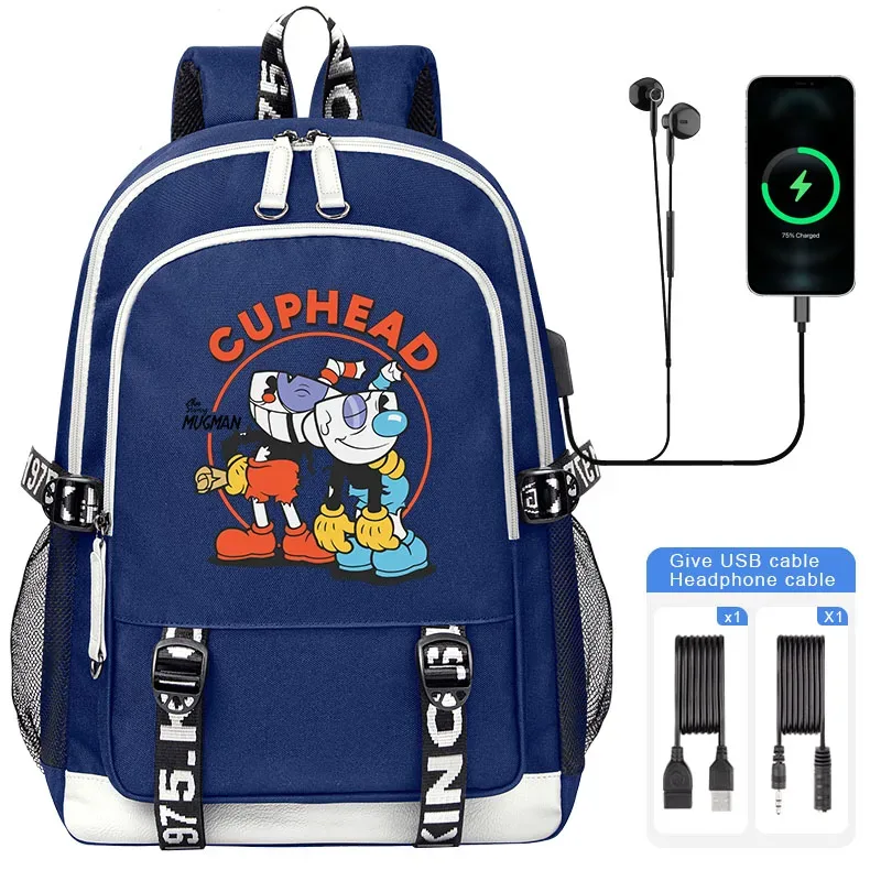 cuphead mugman sacs d'école pour adolescent usb charge sac à dos pour ordinateur portable garçons filles étudiant livre sac mochila sac de voyage
