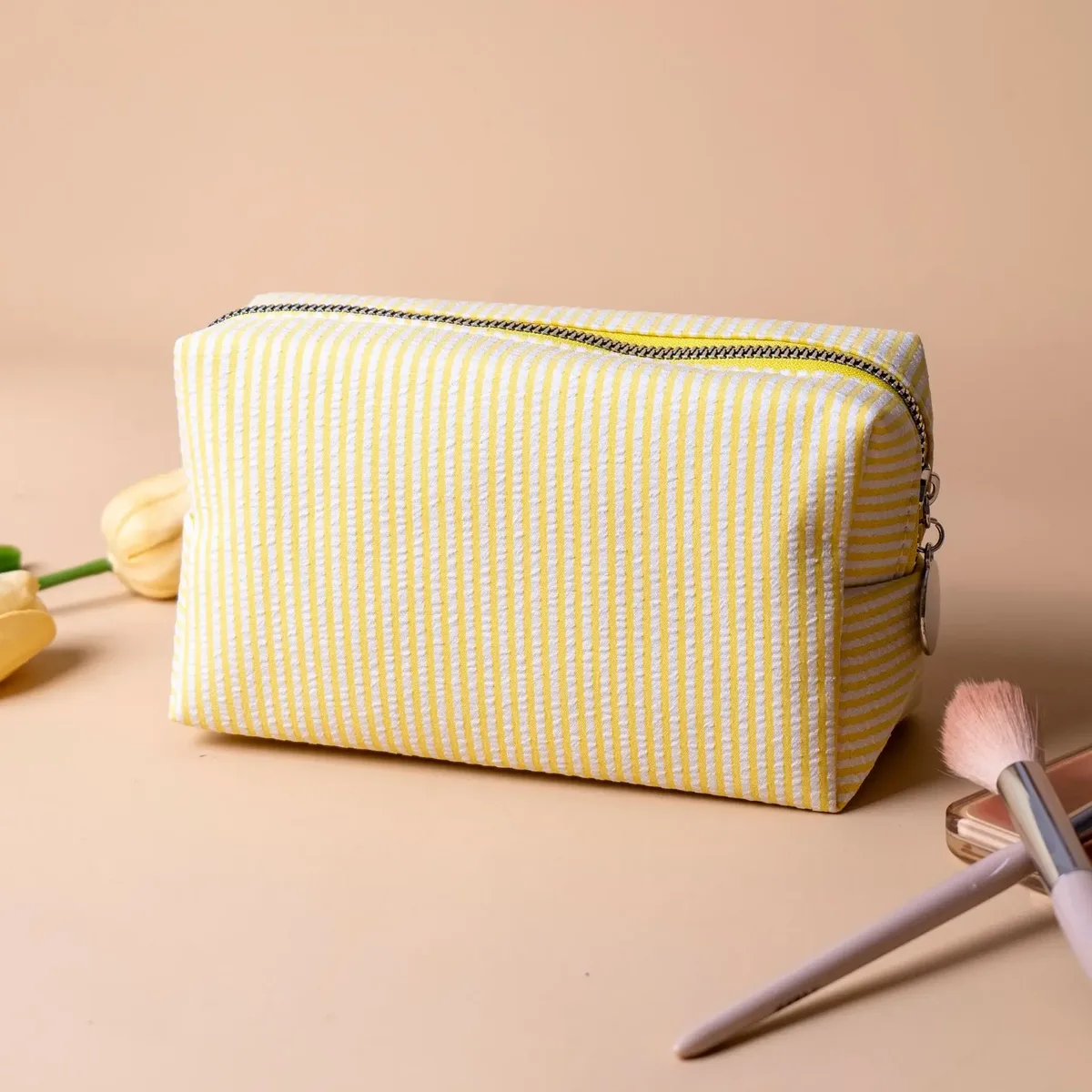 grande trousse de maquillage pour femmes en soie bulle à rayures roses, sac de rangement pour articles de toilette, sac diy pour collations et serviettes hygiéniques