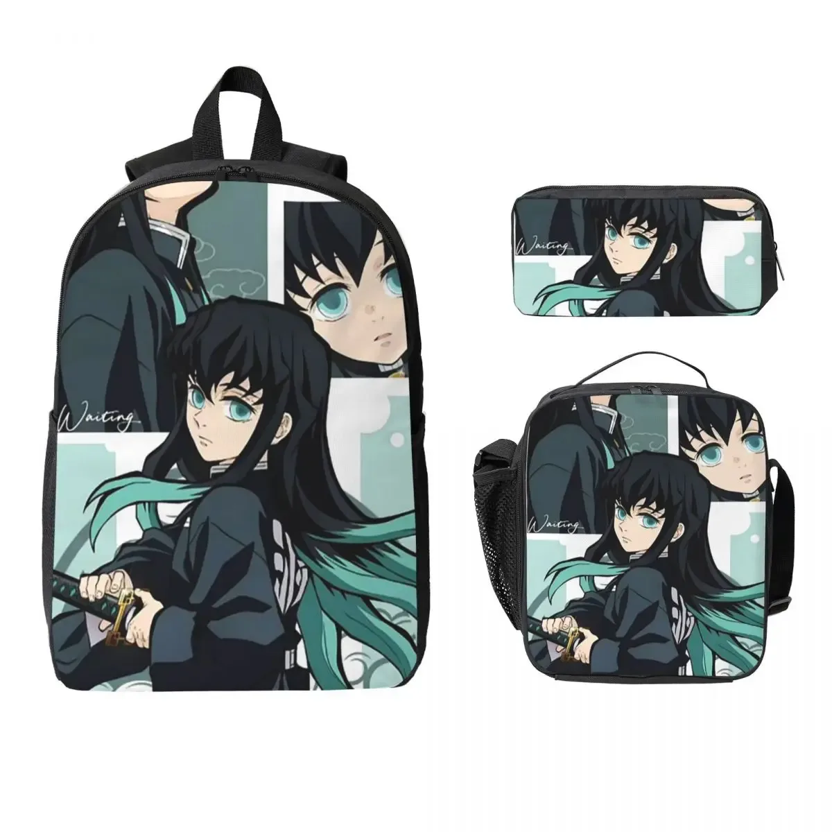 muichiro tokito demon slayer sac à dos garçons filles bookbag sac d'école ordinateur portable sacs à bandoulière 3ps sac à déjeuner isolé trousse à crayons