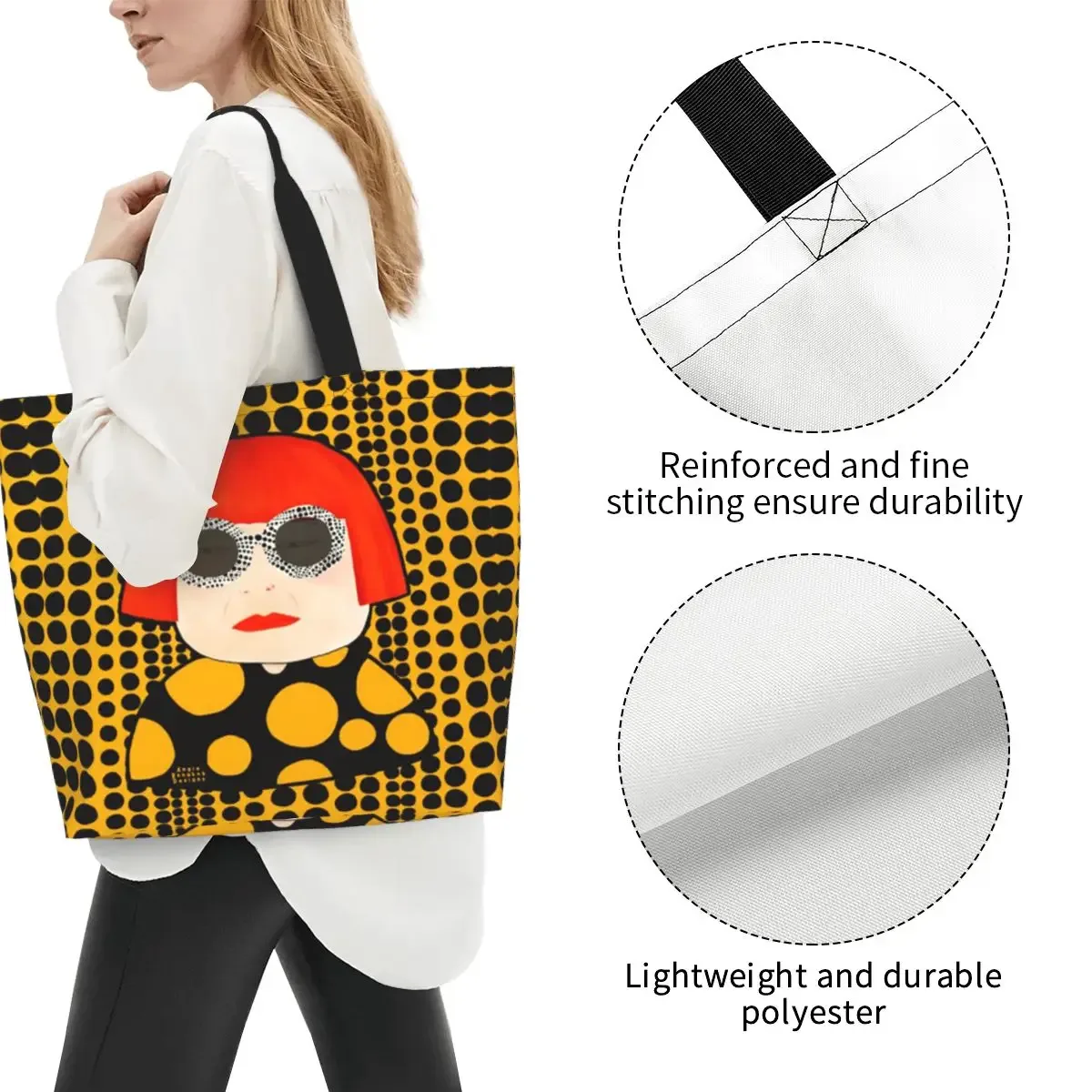 sac fourre-tout en toile avec peinture abstraite yayoi kusama, grande capacité, sac à bandoulière, sac de courses pour femmes
