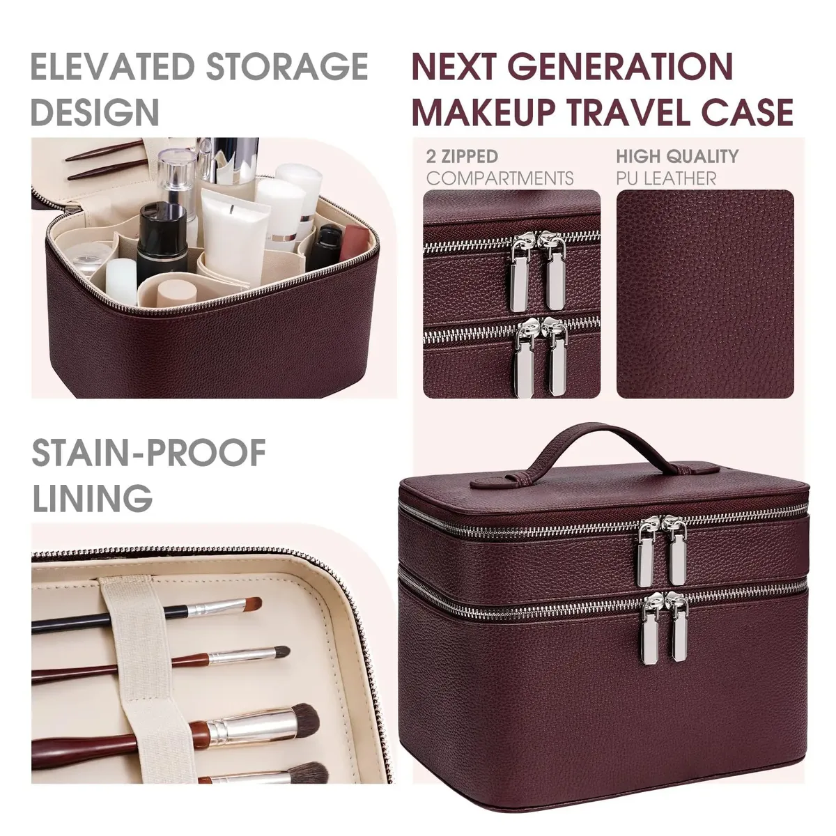 sacs à cosmétiques portables en cuir pu, étuis à maquillage double couche, trousse de toilette de voyage