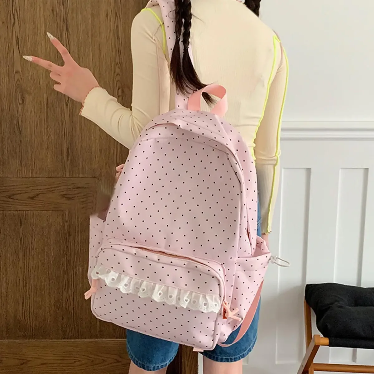 sac à dos mignon en dentelle à pois, esthétique, pour ordinateur portable, pour femmes et filles, idéal pour les trajets quotidiens, les voyages, les camps d'été et l'université.