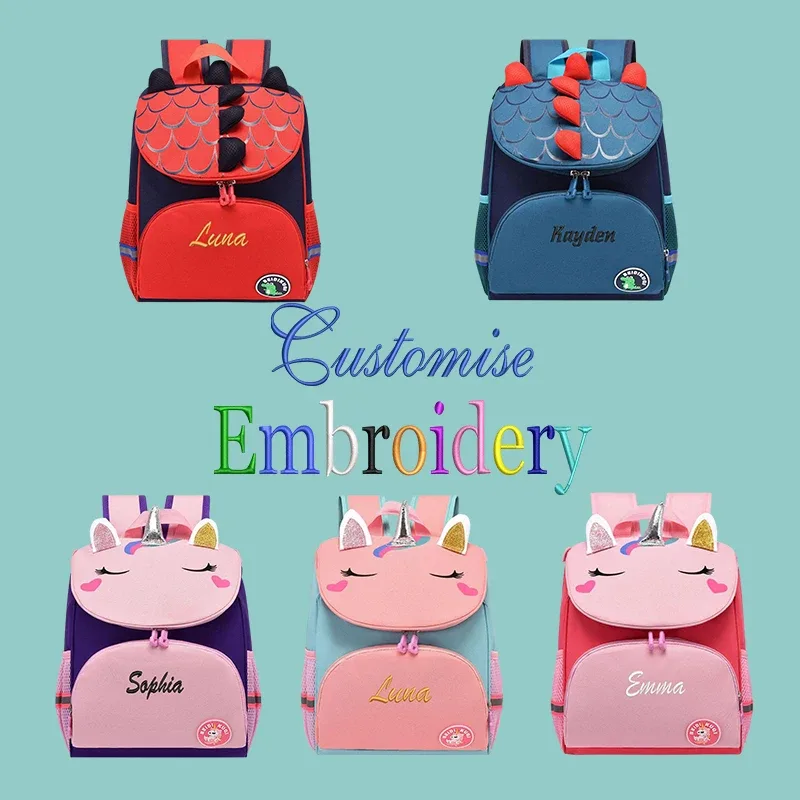 Sac à dos personnalisé brodé en forme d'animal de dessin animé, licorne, dinosaure, mignon et tendance, plein de charme.