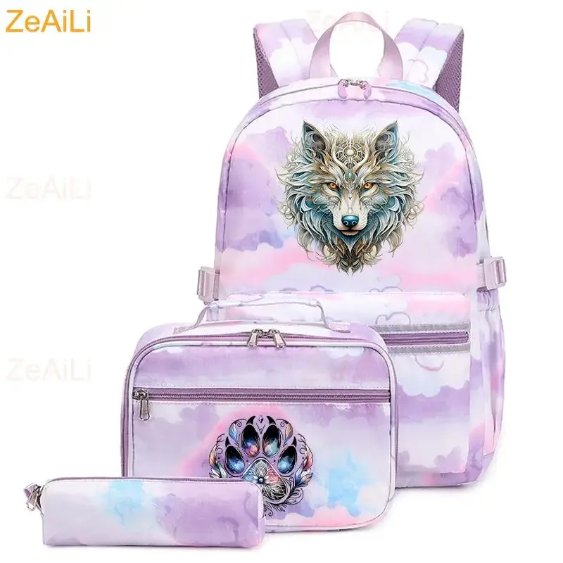 lot de 3 sacs à dos mignons pour étudiants et adolescents, motif patte de chien et chat, couleur violette, avec sac à déjeuner, sac de voyage coloré, sacs d'école pour garçons et filles, ensembles de mochilas