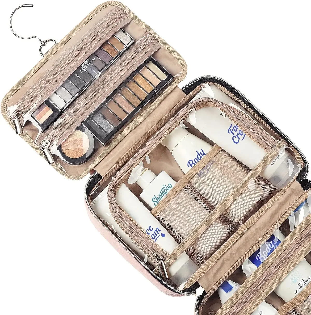 trousse de toilette de voyage pour femmes, rose, organisateur de maquillage portable à suspendre, ensemble de brosses à shampooing de taille voyage, accessoires de maquillage