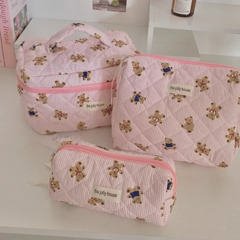 sac de maquillage en tissu de coton avec nœud mignon pour femmes, organisateur de cosmétiques à fermeture éclair, sac à main en forme de boîte, trousse de toilette portable pour filles