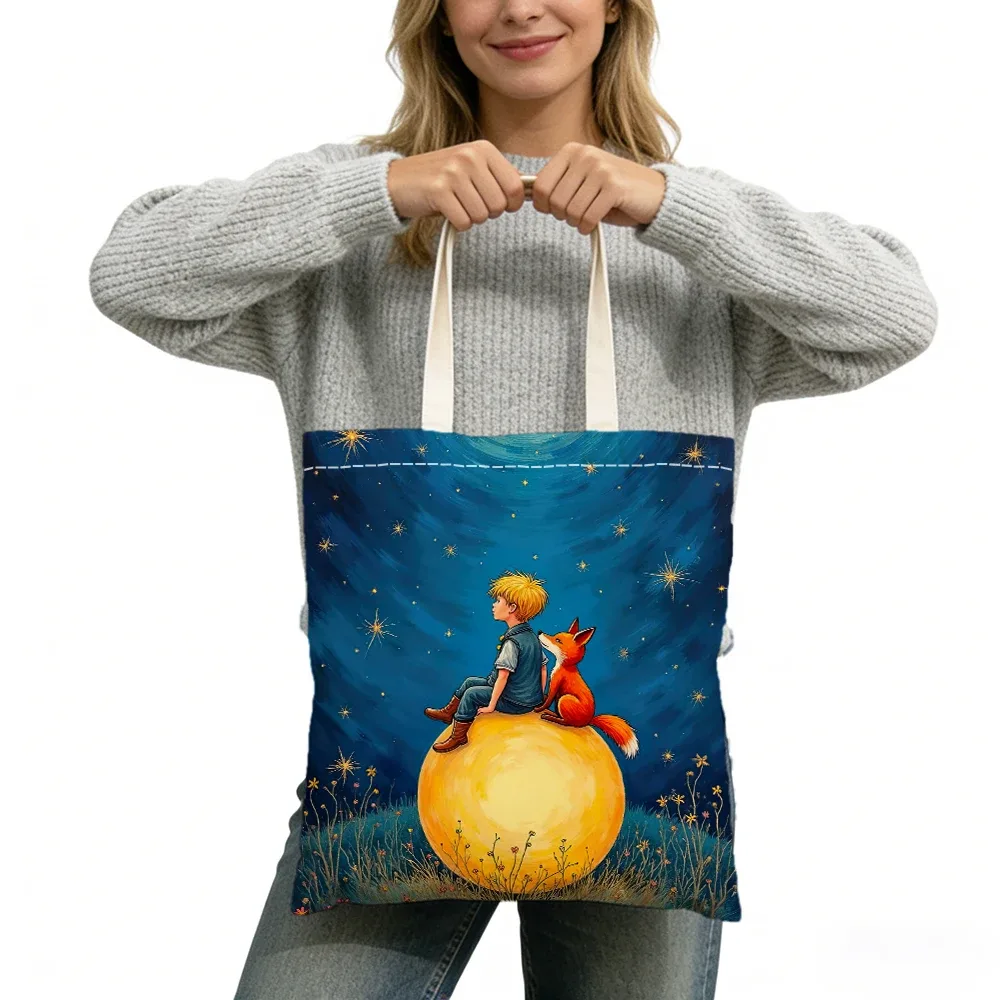 sac fourre-tout imprimé double face sans fermeture éclair, star boy cute fox cosmic rose, 40x45 cm, sac à bandoulière pour usage quotidien, shopping, apprentissage, extérieur