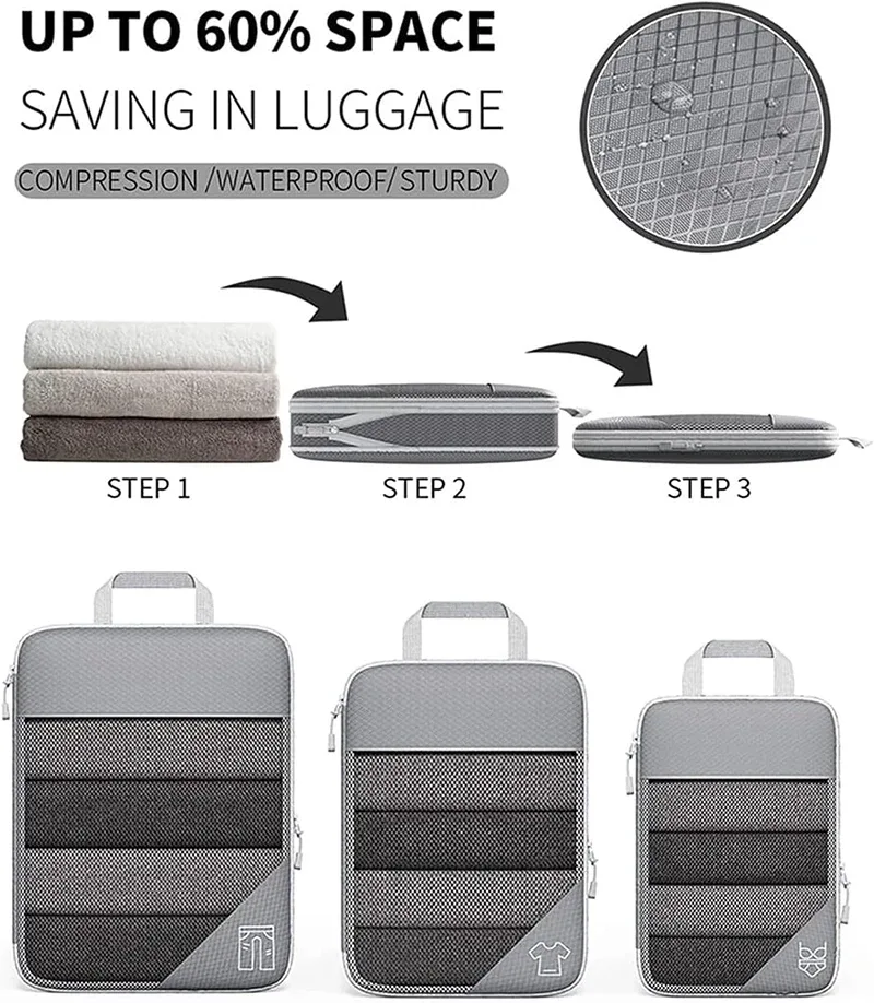 lot de 5 sacs de rangement pour vêtements de voyage, cubes de compression légers, organisateurs de bagages, sacs de sous-emballage, accessoires de voyage