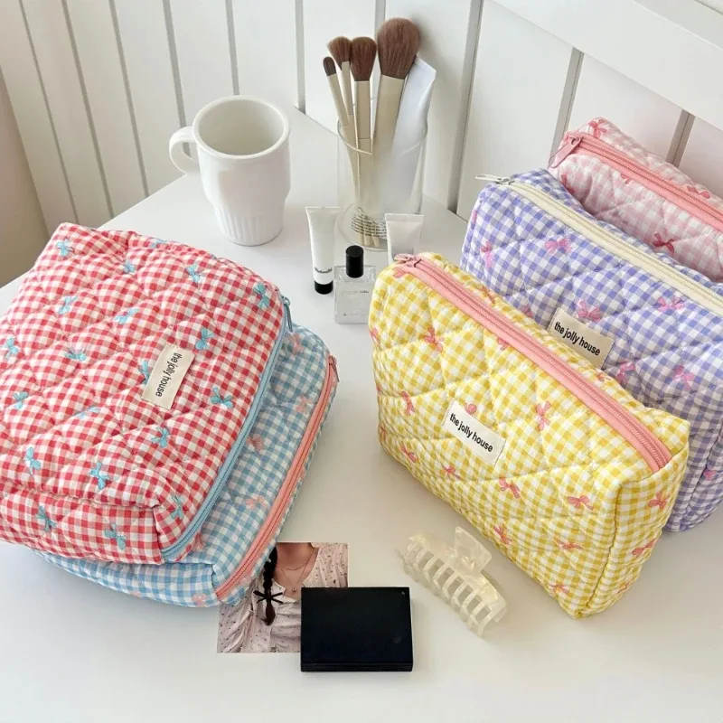 trousse de maquillage en coton avec nœud mignon pour femmes, organisateur de cosmétiques à fermeture éclair, boîte en tissu en forme de trousse de toilette portable pour filles