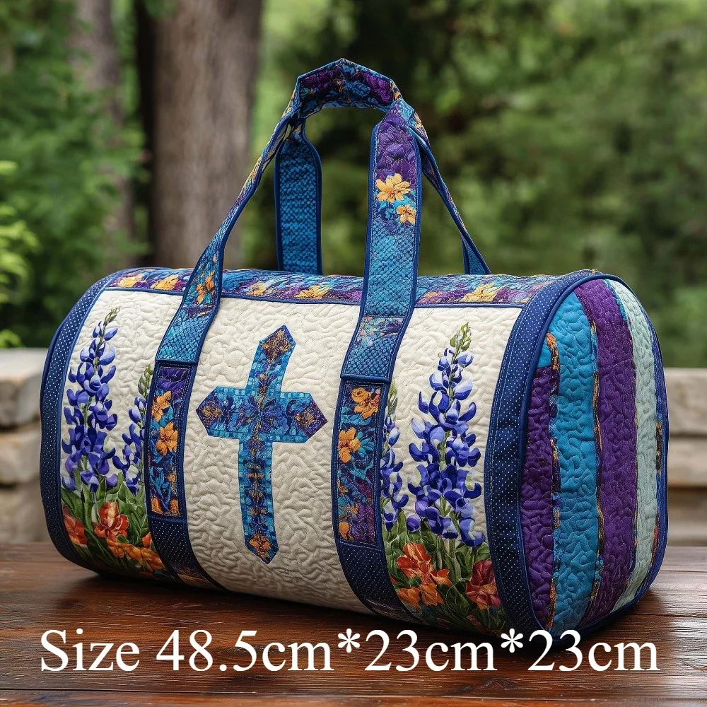 sac de voyage cylindrique en toile matelassée 3d avec motif floral bleu croisé, style cottagecore, pour voyage, gym, yoga, nuit, extérieur