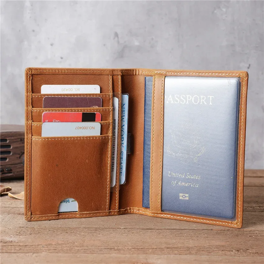 sac de passeport unisexe rétro en cuir véritable 1122, portefeuille multifonctionnel multi-cartes en cuir crazy horse