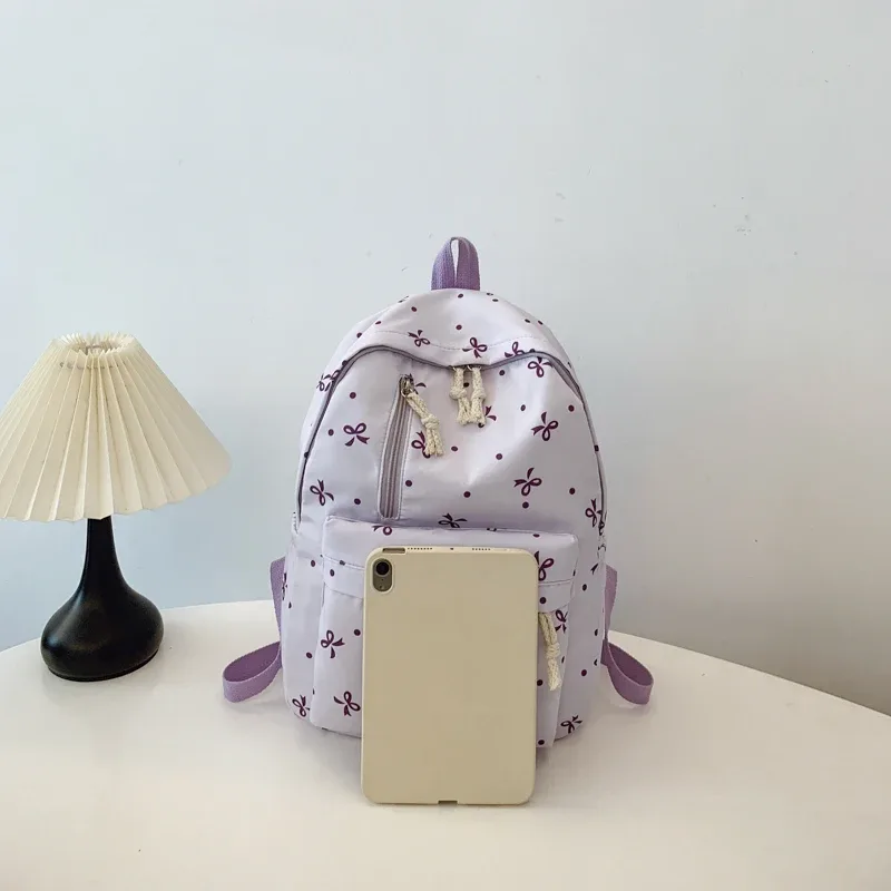 sac à dos matelassé à imprimé nœud ludique pour la rentrée scolaire, à usage quotidien, avec plusieurs poches, bretelles réglables, grande capacité