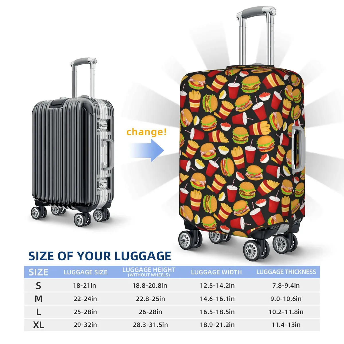 housse de protection pour bagages personnalisée, motif hamburger, nourriture mignonne et délicieuse, pour valises de 18 à 32 pouces