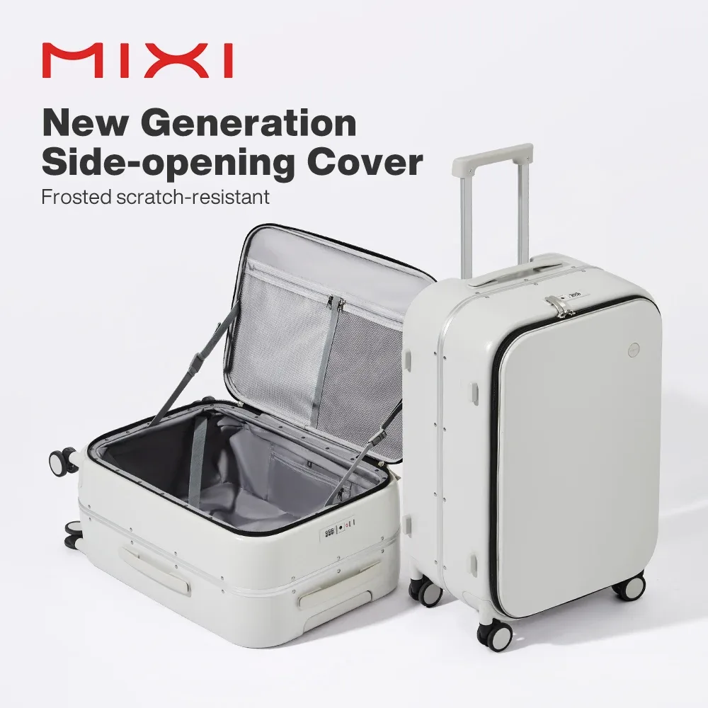 mixi nouveau pc cadre en aluminium valise ouverture avant bagage de voyage roulant 20 pouces bagage à main 24 26 pouces m9291