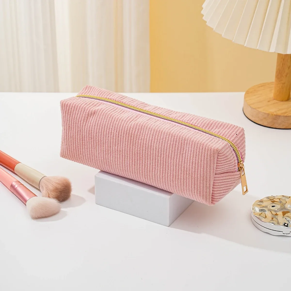 sac à cosmétiques portable en velours côtelé, grande capacité, sac de voyage pour maquillage, trousse de toilette portable pour femmes et filles, rangement multifonctionnel