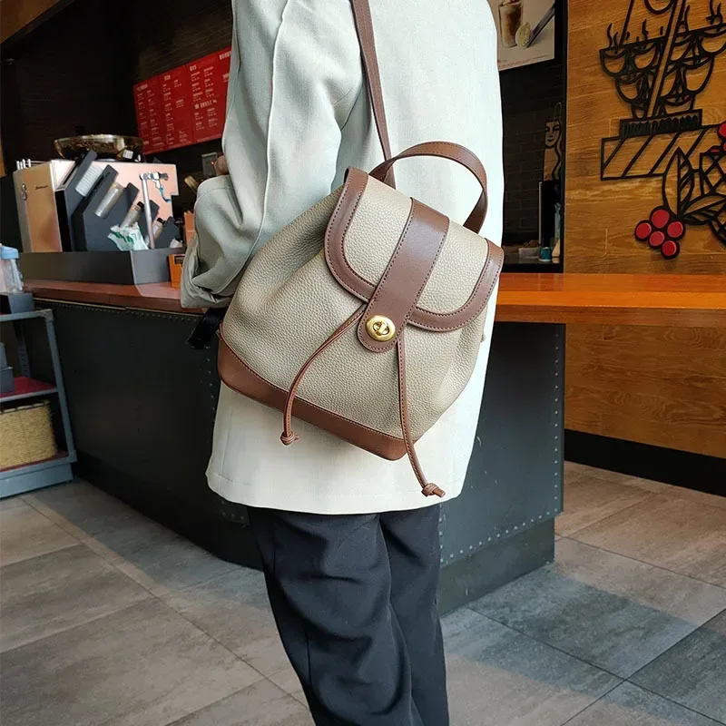 sac à dos antivol en cuir de vachette pour femme, sac de voyage pour femme, sac à dos tout assressenti, fermeture à cordes de loisirs, couleur frappée, 100% cuir