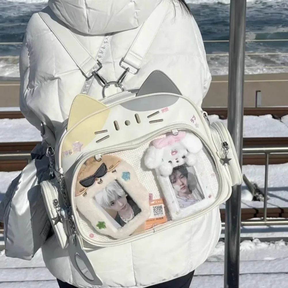 y2k coréen kawaii chat lolita sac mignon pu sac à bandoulière filles poche transparente harajuku sac à bandoulière femmes mode sacs à dos