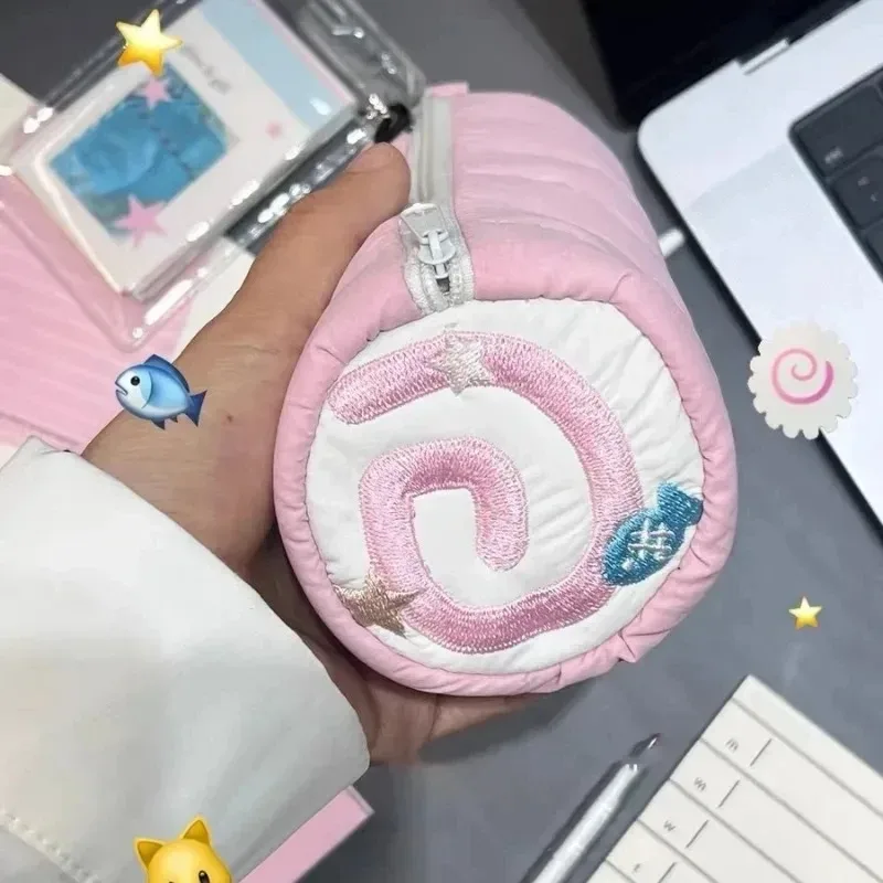 trousse à crayons en rouleau de serviette rose, sac de rangement pour stylos souples kawaii, pochette à cosmétiques, dessin animé, grande capacité, papeterie fournitures scolaires pour étudiants