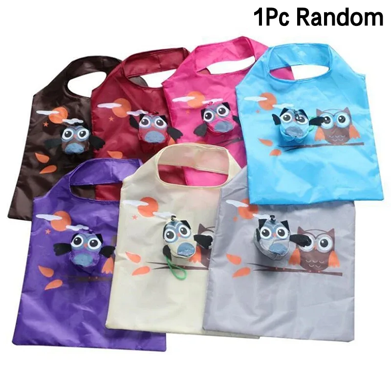 sac de courses pliable portable avec motif de hibou de dessin animé, sac fourre-tout de grande capacité, sac à main à bandoulière, pochette de voyage pour épicerie, 1/3 pièces