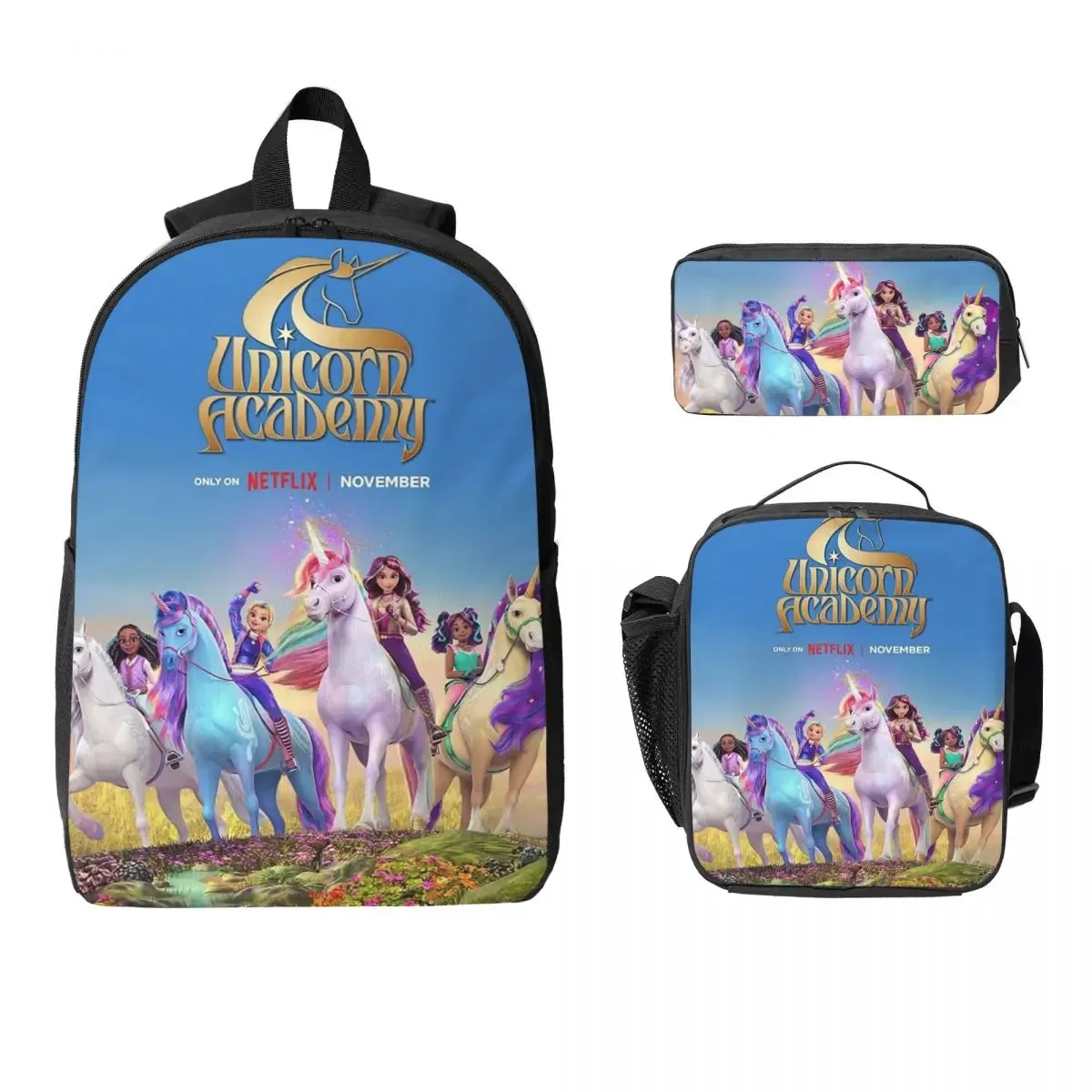 sac à dos unicorn academy pour garçons et filles, sac d'école, sac à bandoulière pour ordinateur, 3 pièces, sac à déjeuner isotherme, trousse à crayons
