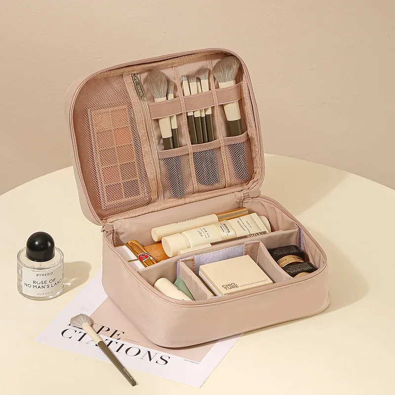 trousse de toilette grande capacité à double compartiment avec séparateurs ; sac de voyage portable en tissu oxford