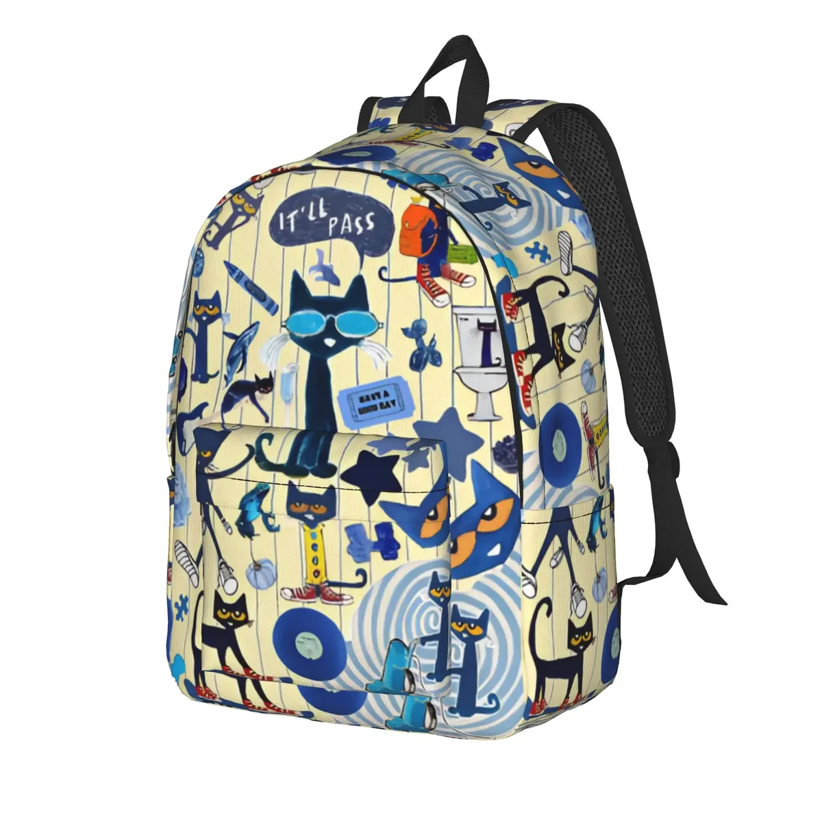 pete the cat sac à dos décontracté avec poche pour étudiants, sac à dos de travail, sac à dos de dessin animé pour hommes et femmes, sac à bandoulière pour ordinateur portable