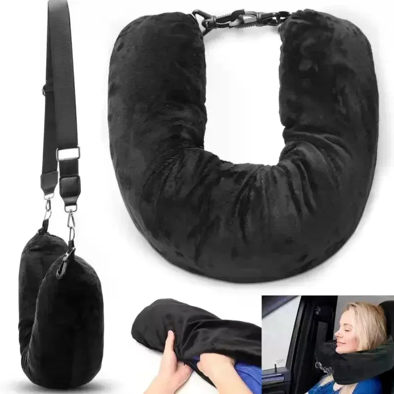 coussin de voyage pour le cou avec sac de rangement pour vêtements remplissable, housse de cou en polaire en forme de u pour les voyages en avion