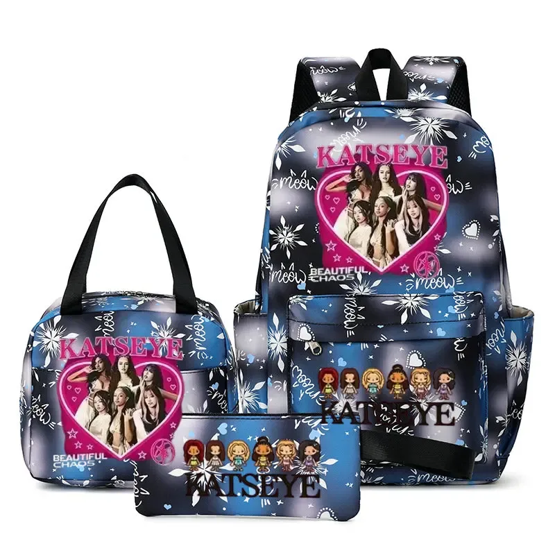 sacs à dos katseye à imprimé amusant, ensemble de 3 pièces, sacs d'école en nylon pour ordinateur portable pour femmes, pour adolescentes, garçons, étudiants, enfants, kawaii