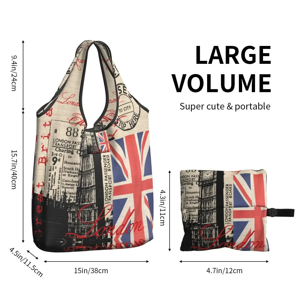 sac d'épicerie rétro personnalisé vintage london, fourre-tout amusant, sac à bandoulière de grande capacité, sac à main portable drapeau britannique du royaume-uni