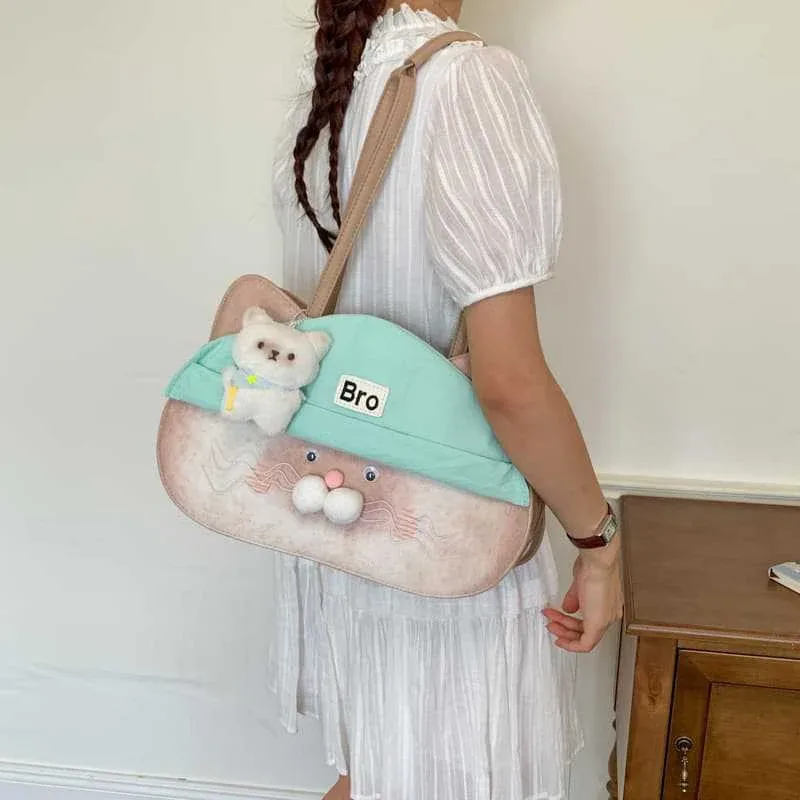 sac à bandoulière motif chat japonais, drôle et mignon, grande capacité, en toile, sac fourre-tout vintage décontracté