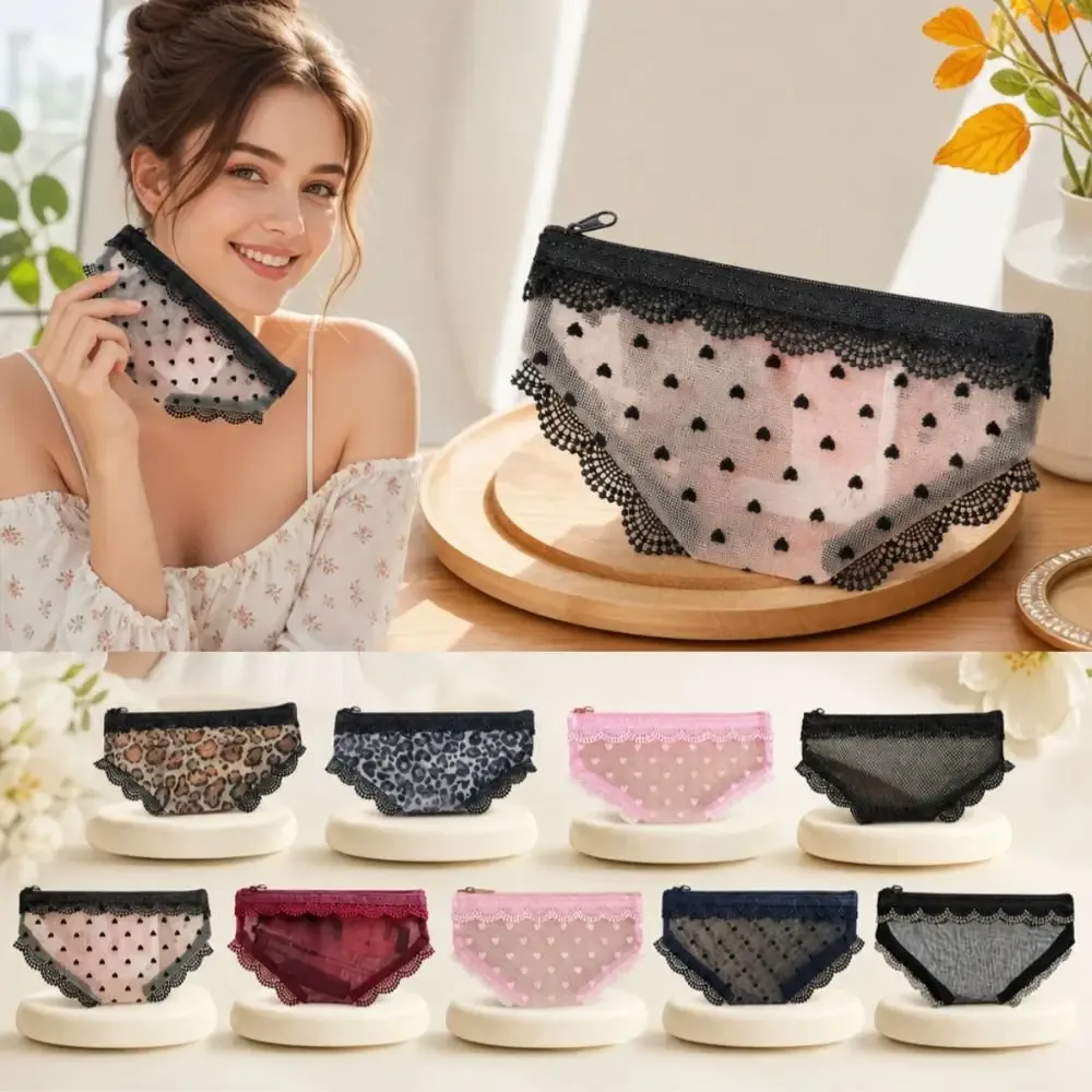 pochette de rangement cosmétique unique en forme de cœur en dentelle transparente, trousse de toilette y2k en maille pour le voyage