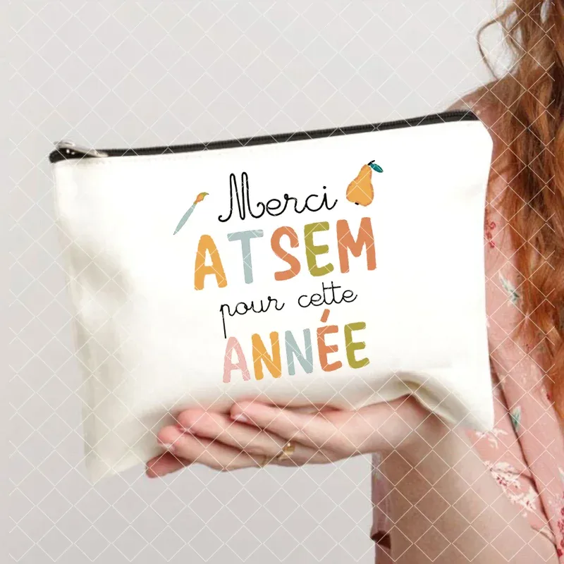 merci atsem – trousse de maquillage imprimée française, grande trousse à crayons, fournitures de papeterie scolaire, sac de rangement, pochette de lavage de voyage, cadeaux pour atsem