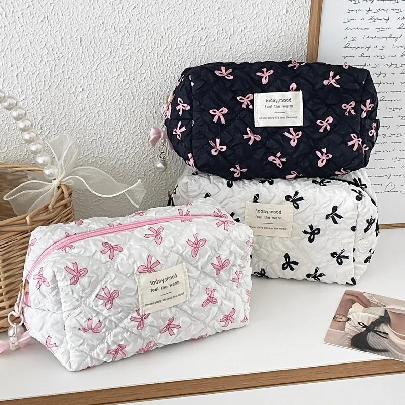 pochette carrée pour femmes, sac de maquillage, portable, mignon, pochette de rangement de cosmétiques et de toilette, sac à main imprimé avec nœud, sac à fermeture éclair
