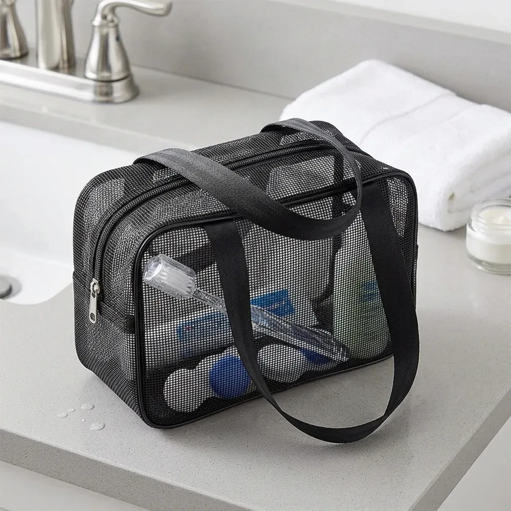 sac de douche multifonctionnel en maille grande capacité, organisateur portable pour accès rapide aux produits de salle de bain