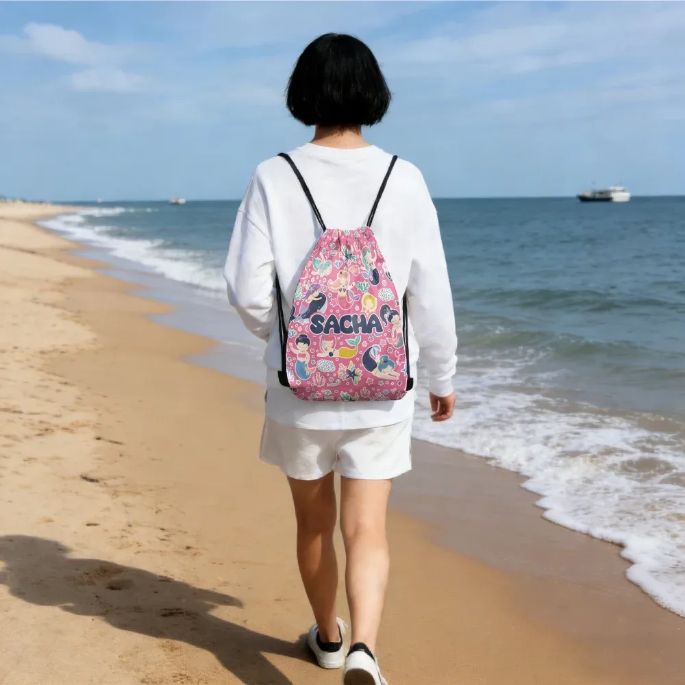 sac à dos à cordon de serrage personnalisé avec nom de créature marine sirène, sac de sport personnalisé 4 couleurs pour enfants, cadeau de fête d'anniversaire, de sport ou de plage