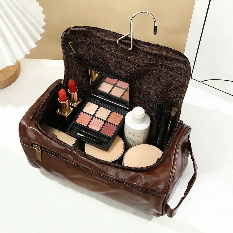 trousse de toilette de voyage en cuir pour hommes et femmes, grande capacité, organisateur de cosmétiques avec crochet de suspension, sac de rangement maquillage étanche
