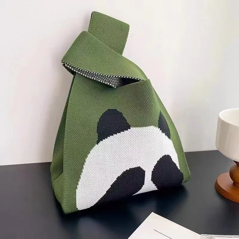 sac à main en tricot fait à la main pour femme, mini sac de poignet à nœud, sac fourre-tout à carreaux à large rayure, sacs à provisions réutilisables pour étudiants, document décontracté japonais