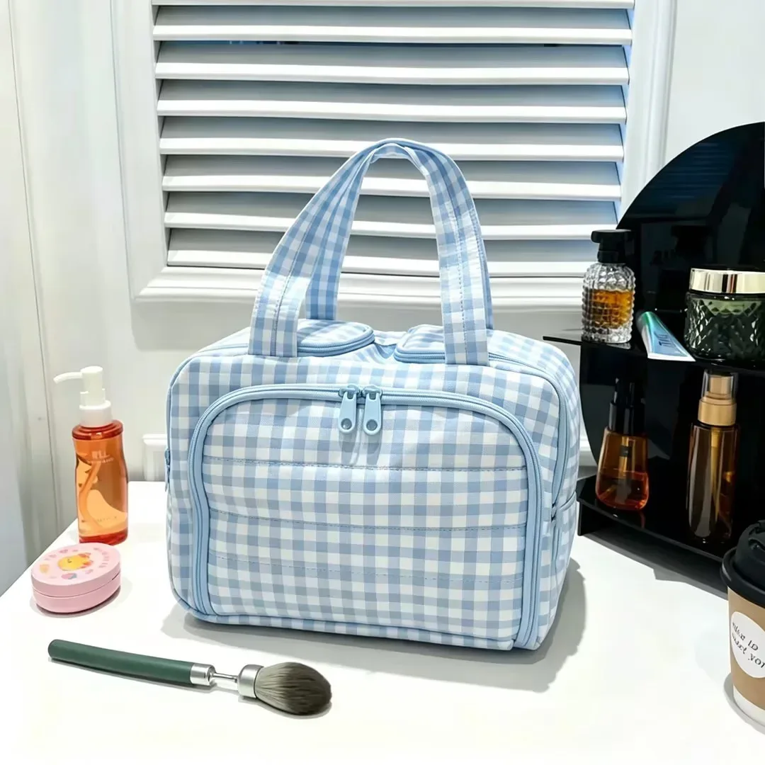 trousse de maquillage portable légère et élégante, grande capacité, compartimentée, double ouverture, pochette de voyage pour articles de toilette