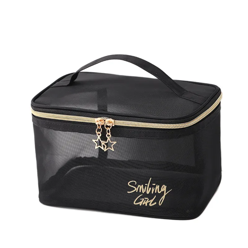 1pc 2025 noir maille sac cosmétique petits grands sacs de maquillage pochette à fermeture éclair pour les bureaux sacs de rangement de voyage sacs de toilette pochette de maquillage