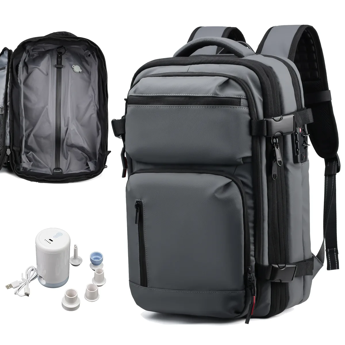 sac à dos de voyage 60l extensible avec système de compression d'air et serrure tsa, bagage cabine