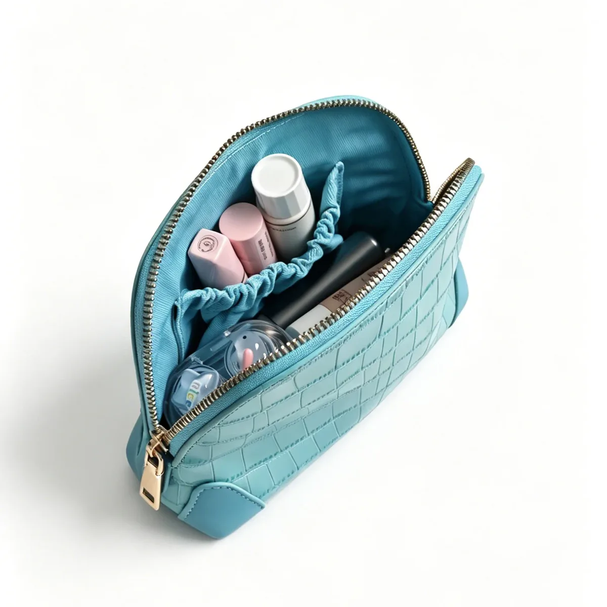 nouvelle trousse de maquillage portable de luxe en cuir véritable bleu à motif crocodile, sac cosmétique de voyage, étui de rangement pour articles de toilette