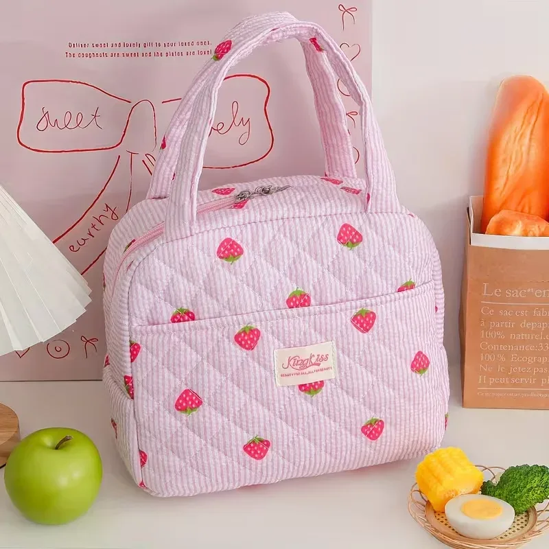 grande capacité - sac fourre-tout imprimé de jolies fleurs, fraises et cerises, pour garder les repas au chaud et au froid (non en contact avec les aliments)