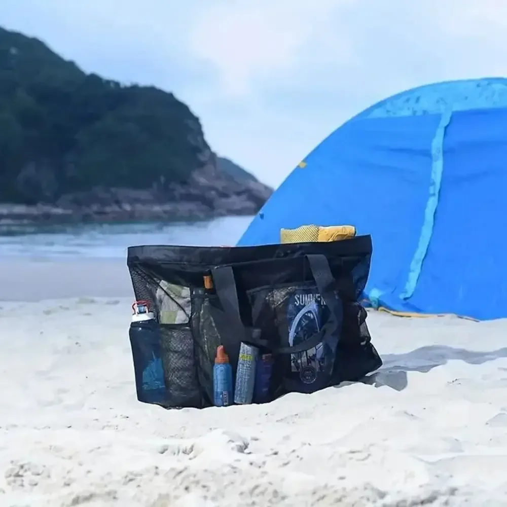 Sac de plage en maille grande capacité avec cordon de serrage, paniers légers pour jouets de plage, sac de rangement portable multi-usages avec boutons-pression pour le bain