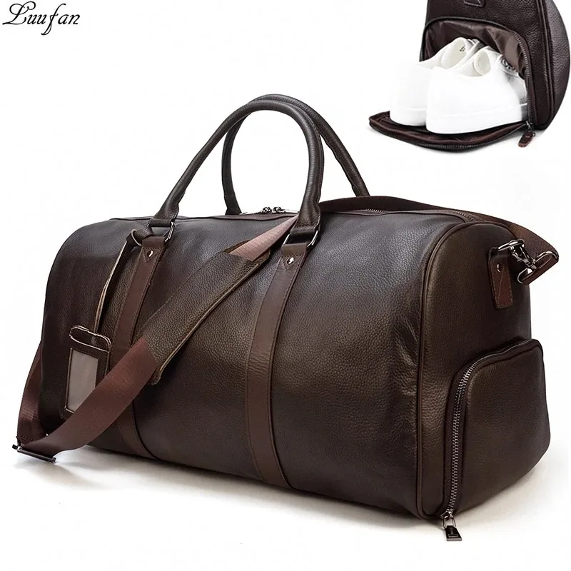 Sac de voyage en cuir véritable de grande capacité pour hommes et femmes, en cuir de vache noir souple, polochon de voyage décontracté, grand sac à bandoulière pour week-end