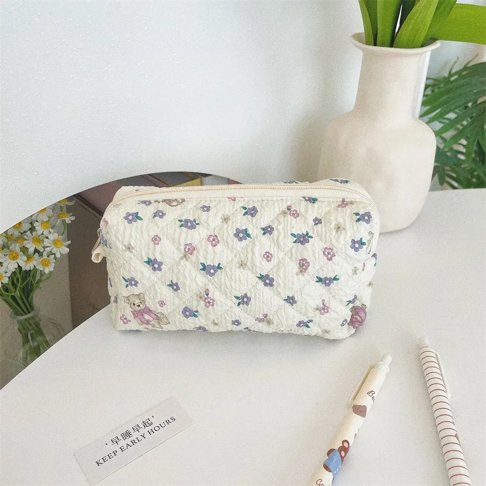 petit sac à cosmétiques pour femme, trousse de maquillage, sacs de rangement portables, pochette en coton pour femme, joli ours de dessin animé, fleur rose