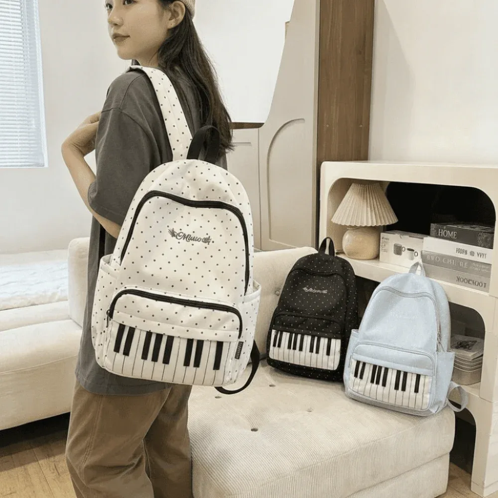 sac à dos en nylon à pois, color-block, mignon, grande capacité, style preppy, motif touches de piano, durable, pour l'école et les voyages